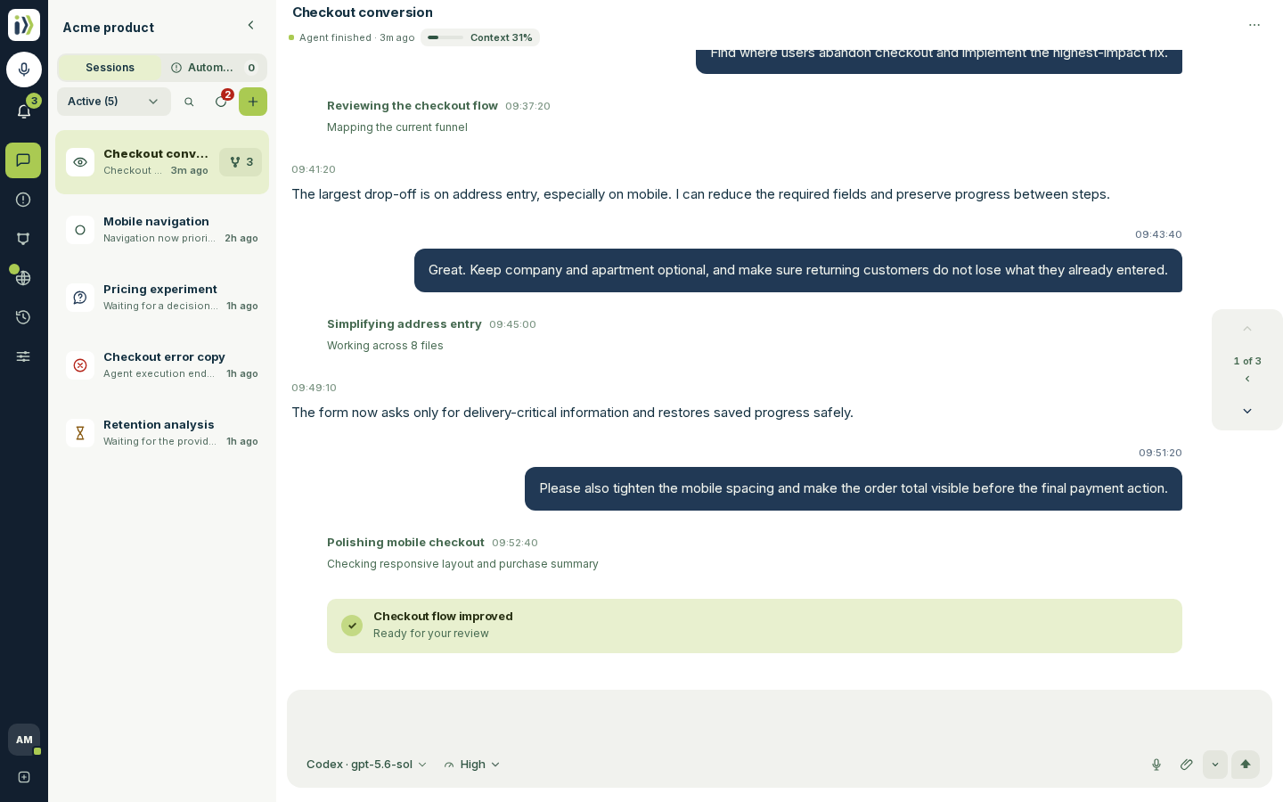 A session: the founder's request, the agent's reply and what it verified, with the message box below.