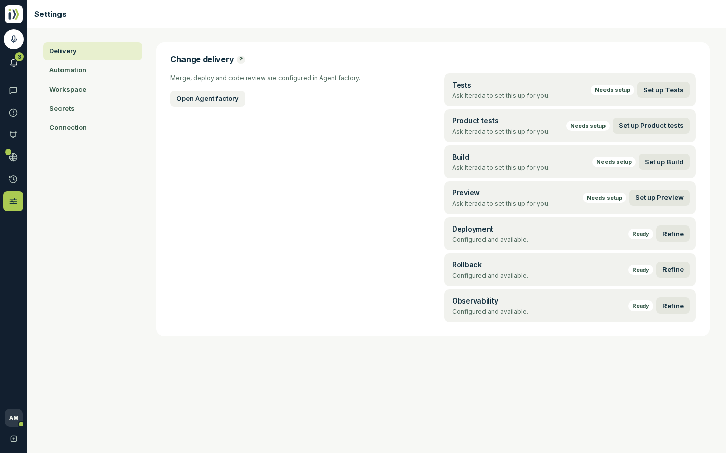 Settings, Delivery: tests, product tests, build, preview, deployment, rollback and observability, each with its state.